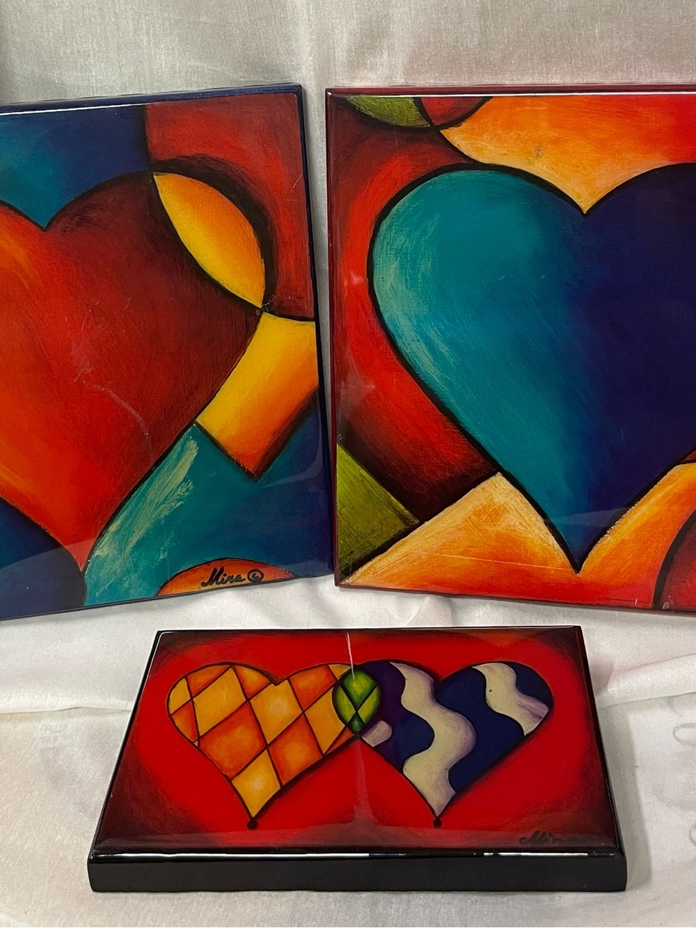 Vintage Mira Acrylic Hearts Painting Trios in Red, Teal, Orange,